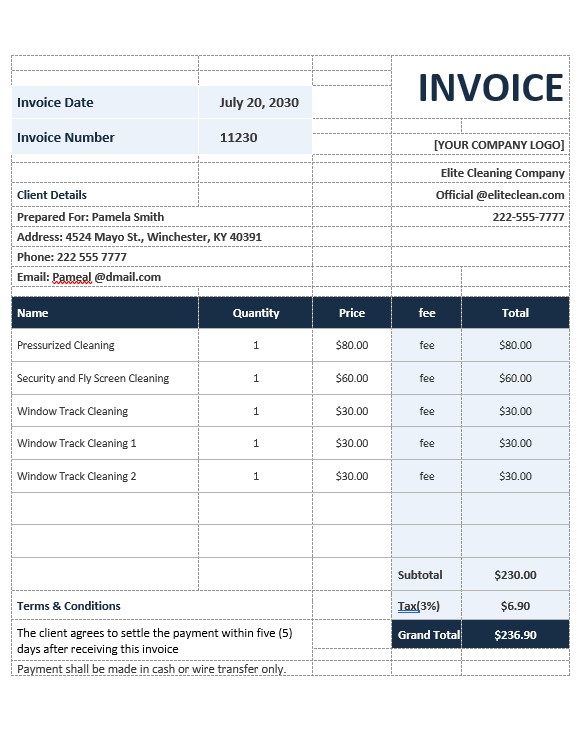 Sample Cleaning Service Invoice Template PSD template